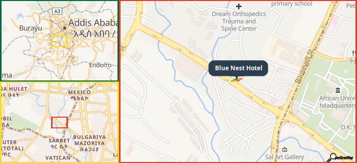 Map showing the address of Blue Nest Hotel in three different zoom levels.