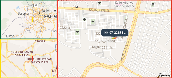 Map showing the address of KK_07_2215 St. in three different zoom levels.