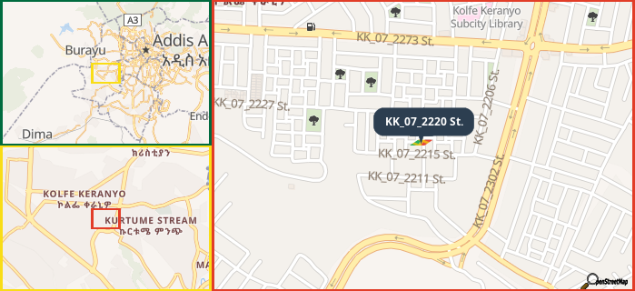 Map showing the address of KK_07_2220 St. in three different zoom levels.