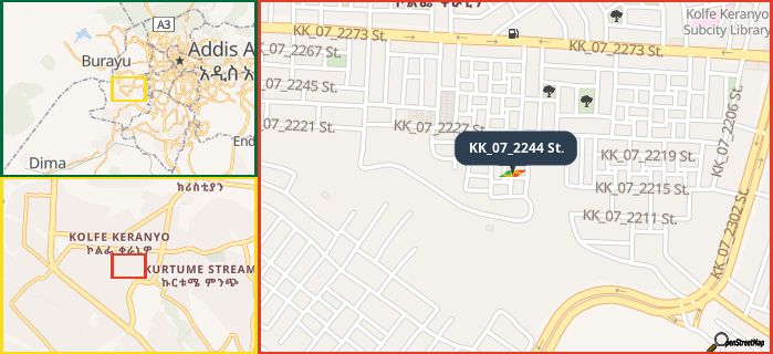 Map showing the address of KK_07_2244 St. in three different zoom levels.