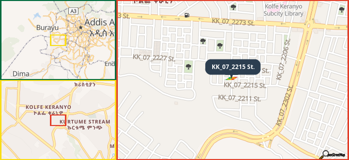 Map showing the address of KK_07_2215 St. in three different zoom levels.