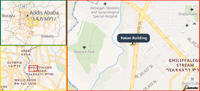 Map showing the address of Rakan Building in three different zoom levels.