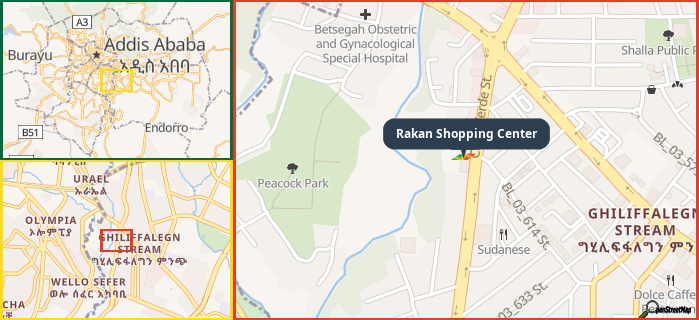 Map showing the address of Rakan Shopping Center in three different zoom levels.