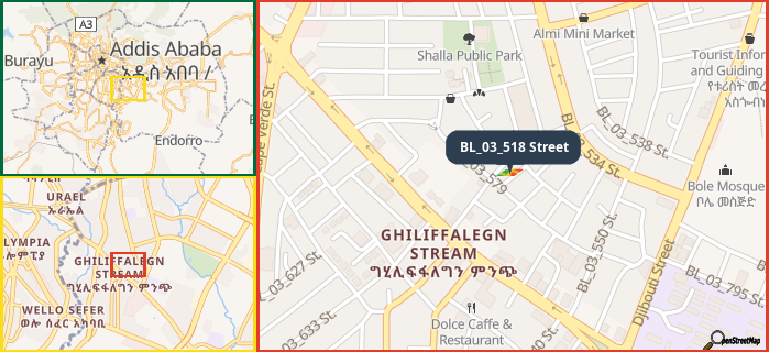 Map showing the address of BL_03_518 Street in three different zoom levels.