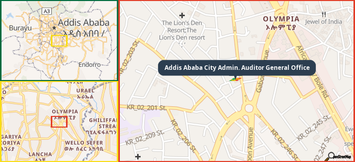 Map showing the address of Addis Ababa City Admin. Auditor General Office in three different zoom levels.