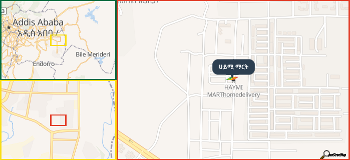 Map showing the address of ሀይሚ ማርት in three different zoom levels.