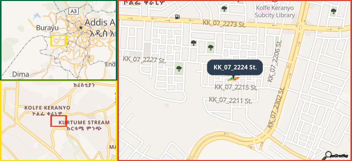 Map showing the address of KK_07_2224 St. in three different zoom levels.