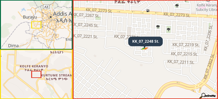 Map showing the address of KK_07_2248 St. in three different zoom levels.