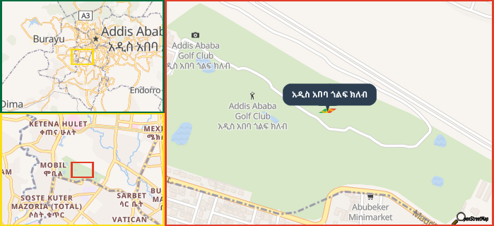 Map showing the address of አዲስ አበባ ጎልፍ ክለብ in three different zoom levels.