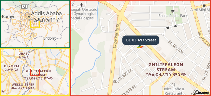 Map showing the address of BL_03_617 Street in three different zoom levels.