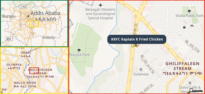 Map showing the address of KKFC Kaptain K Fried Chicken in three different zoom levels.