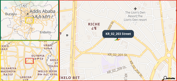 Map showing the address of KR_02_203 Street in three different zoom levels.