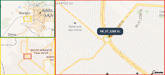 Map showing the address of KK_07_2288 St. in three different zoom levels.