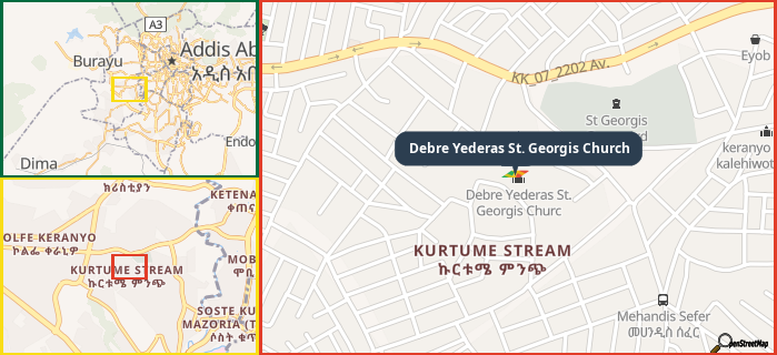 Map showing the address of Debre Yederas St. Georgis Church in three different zoom levels.