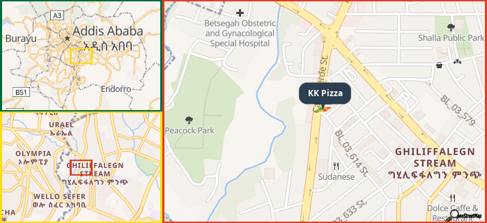 Map showing the address of KK Pizza in three different zoom levels.