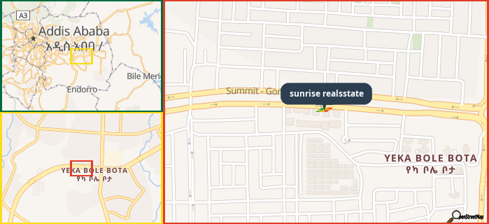 Map showing the address of sunrise realsstate in three different zoom levels.