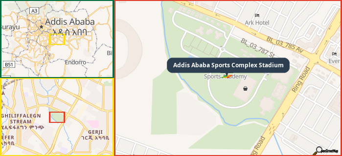 Map showing the address of Addis Ababa Sports Complex Stadium in three different zoom levels.