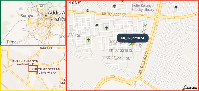 Map showing the address of KK_07_2210 St. in three different zoom levels.