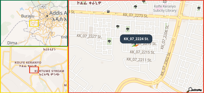 Map showing the address of KK_07_2224 St. in three different zoom levels.