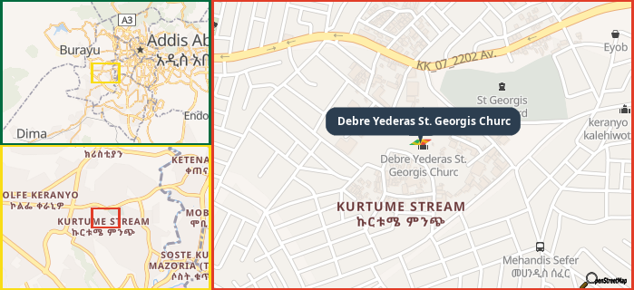 Map showing the address of Debre Yederas St. Georgis Churc in three different zoom levels.