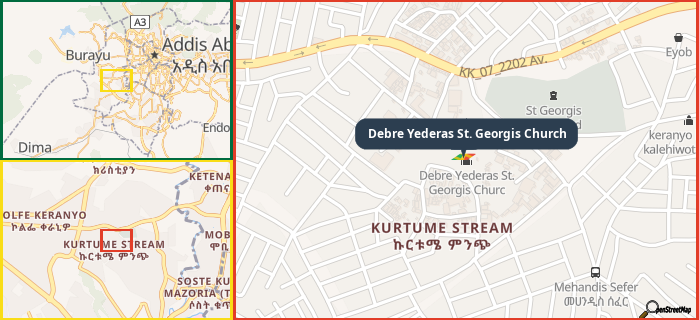 Map showing the address of Debre Yederas St. Georgis Church in three different zoom levels.