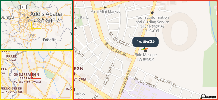 Map showing the address of ቦሌ መስጅድ in three different zoom levels.