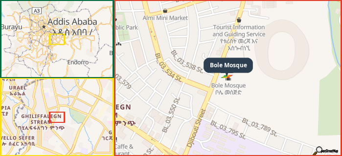 Map showing the address of Bole Mosque in three different zoom levels.