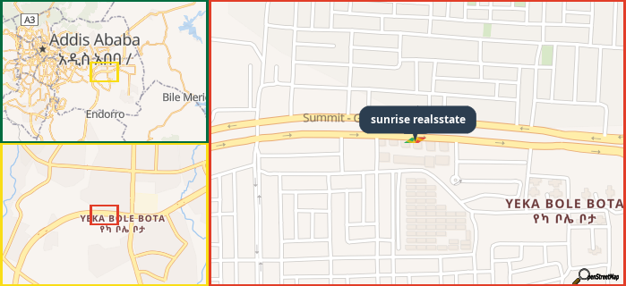 Map showing the address of sunrise realsstate in three different zoom levels.