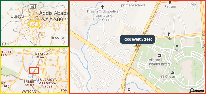 Map showing the address of Roosevelt Street in three different zoom levels.