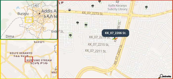 Map showing the address of KK_07_2206 St. in three different zoom levels.