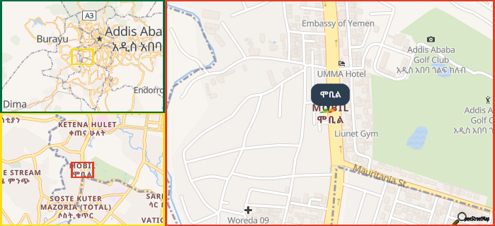 Map showing the address of ሞቢል in three different zoom levels.