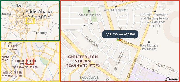 Map showing the address of ሲንቄ ባንክ ሻላ ቅርንጫፍ in three different zoom levels.