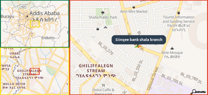 Map showing the address of Siinqee bank shala branch in three different zoom levels.