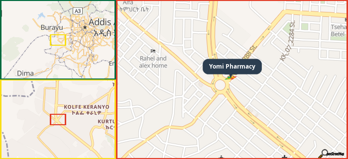 Map showing the address of Yomi Pharmacy in three different zoom levels.