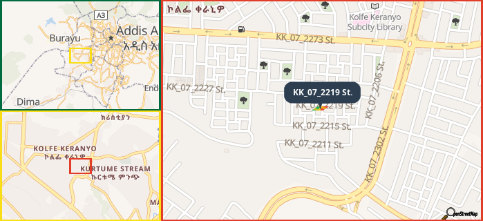 Map showing the address of KK_07_2219 St. in three different zoom levels.