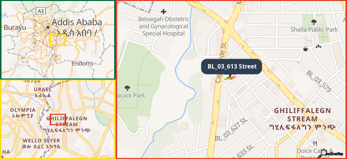 Map showing the address of BL_03_613 Street in three different zoom levels.