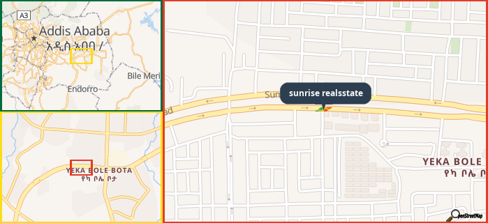 Map showing the address of sunrise realsstate in three different zoom levels.