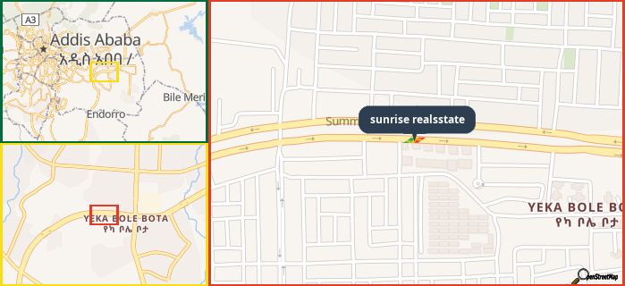 Map showing the address of sunrise realsstate in three different zoom levels.