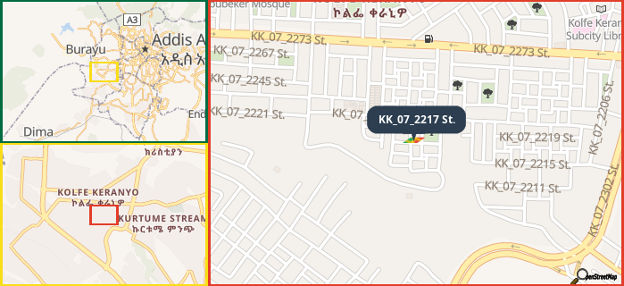 Map showing the address of KK_07_2217 St. in three different zoom levels.