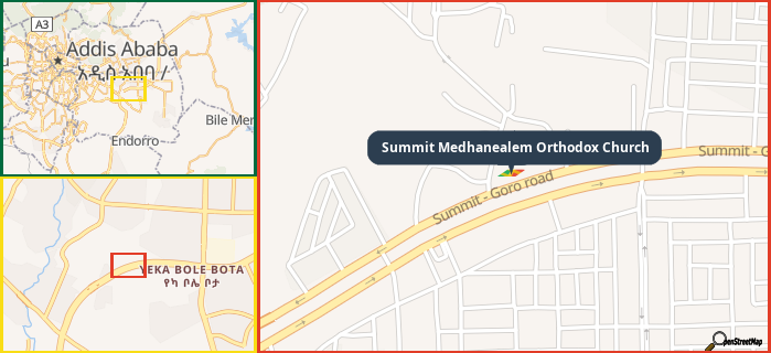 Map showing the address of Summit Medhanealem Orthodox Church in three different zoom levels.