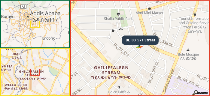 Map showing the address of BL_03_571 Street in three different zoom levels.