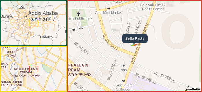 Map showing the address of Bella Pasta in three different zoom levels.