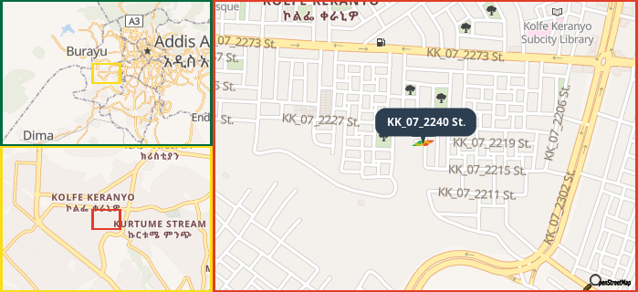 Map showing the address of KK_07_2240 St. in three different zoom levels.