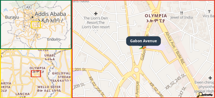 Map showing the address of Gabon Avenue in three different zoom levels.