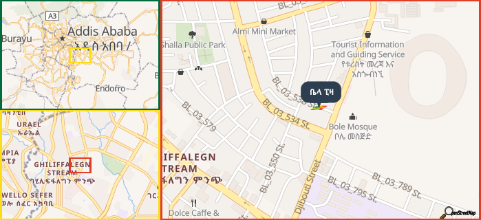 Map showing the address of ቤላ ፒዛ in three different zoom levels.
