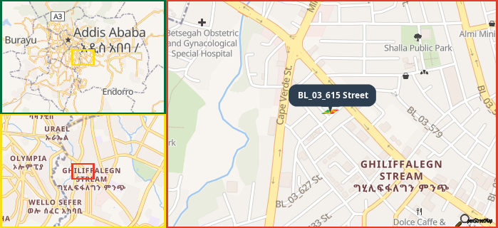 Map showing the address of BL_03_615 Street in three different zoom levels.