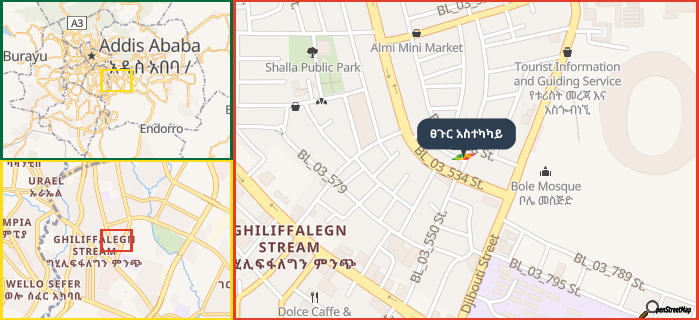 Map showing the address of ፀጉር አስተካካይ in three different zoom levels.
