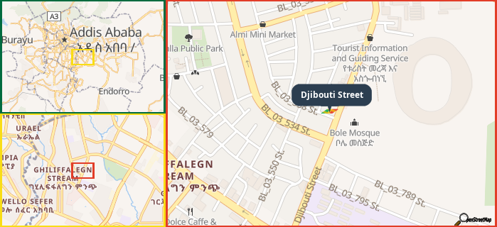 Map showing the address of Djibouti Street in three different zoom levels.