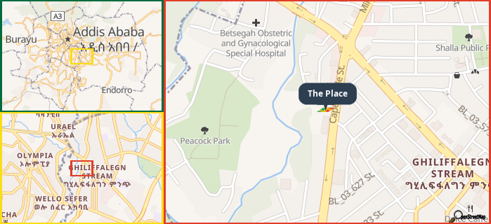 Map showing the address of The Place in three different zoom levels.