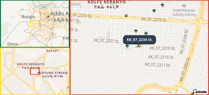 Map showing the address of KK_07_2234 St. in three different zoom levels.